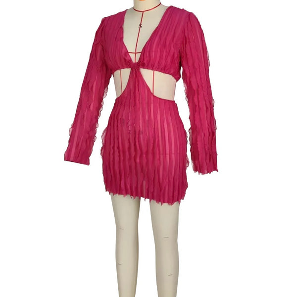 Women Ruffled Full Sleeve Cut Out Dress