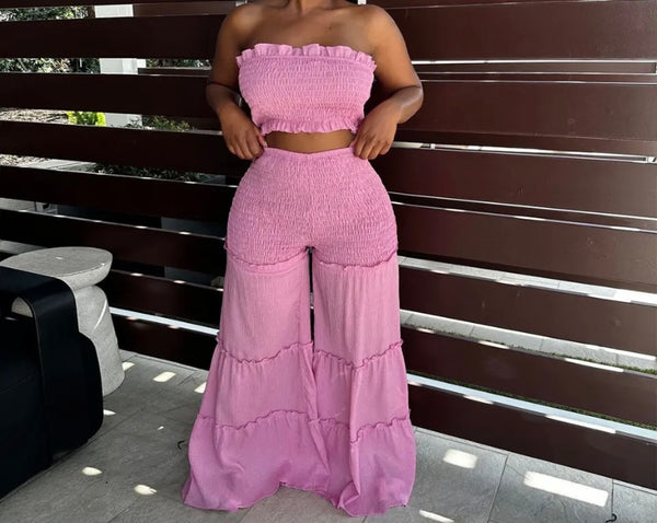 Women Strapless Ruffled Crop Two Piece Wide Leg Pant Set