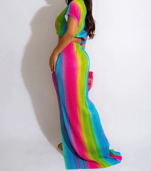 Women Sexy Short Sleeve Rainbow Two Piece Maxi Skirt Set