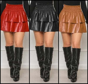 Women Ruffled Fashion PU Skirt