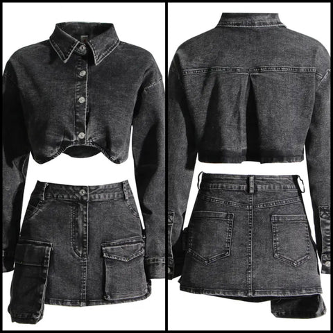 Women Button Up Crop Fashion Two Piece Denim Skirt Set