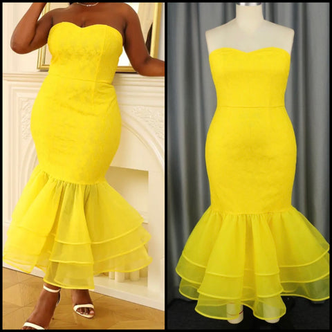 Women Sexy Yellow Lace Ruffled Mesh Dress