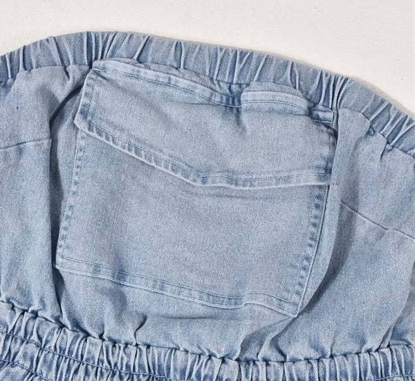 Women Sexy Strapless Pocket Denim Jumpsuit