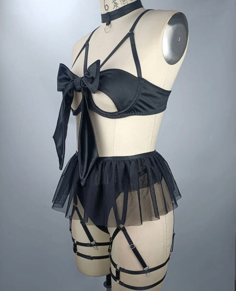 Women Sexy Bow Mesh Lingerie Set