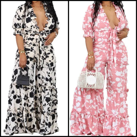 Women Floral Fashion Two Piece Wide Leg Pant Set