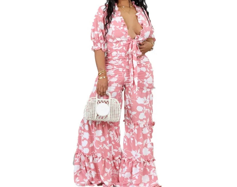 Women Floral Fashion Two Piece Wide Leg Pant Set