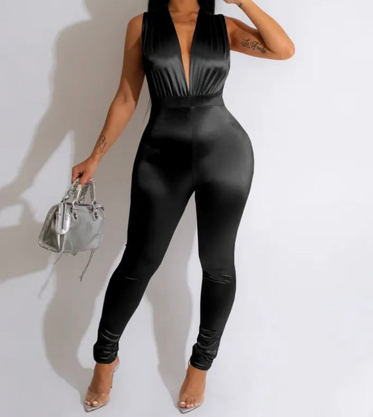 Women Sexy Sleeveless Satin Solid Color Jumpsuit
