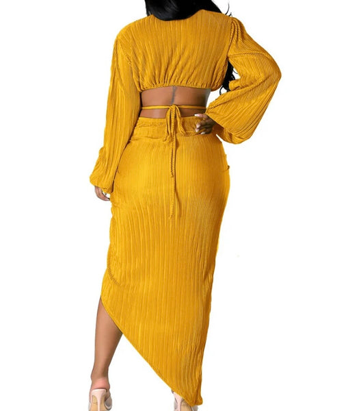 Women Full Sleeve Solid Color Lace Up Crop Two Piece Maxi Skirt Set