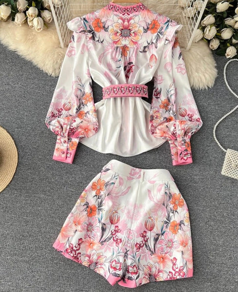 Women Button Up Full Sleeve Floral Two Piece Short Set