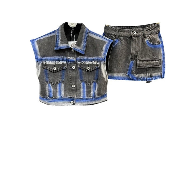 Women Sleeveless Fashion Color Patchwork Denim Vest Two Piece Skirt Set