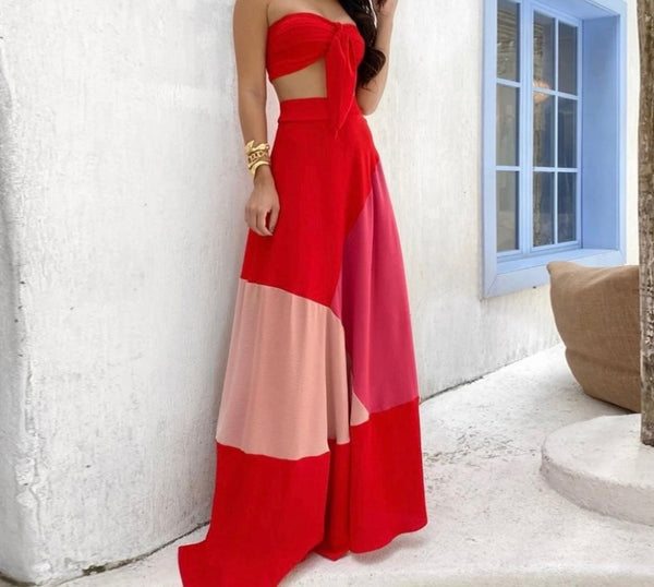 Women Sexy Tie Up Strapless Red Two Piece Maxi Skirt Set