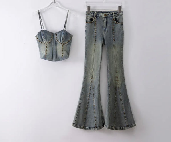 Women Sleeveless Fashion Gold Rivet Patchwork Denim Two Piece Pant Set