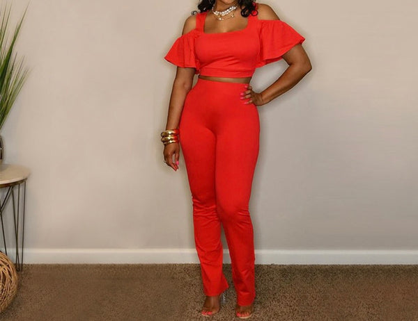 Women Solid Color Ruffled Short Sleeve Crop Two Piece Pant Set