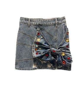 Women Fashion Bow Gem Denim Skirt