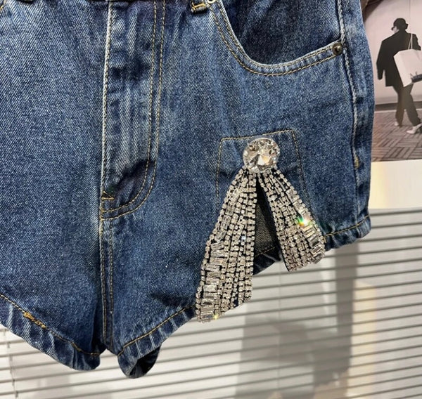 Women Fashion Rhinestone Patchwork Denim Mini Shorts