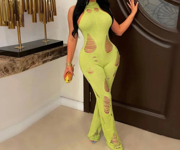 Women Ripped Halter Sexy Sleeveless Knitted Jumpsuit