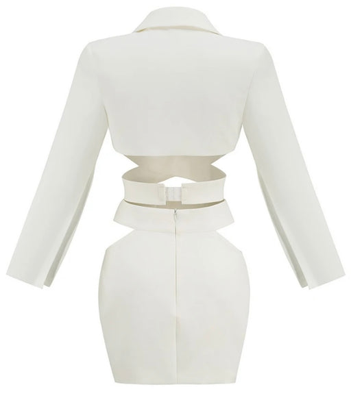 Women White Sexy Criss Cross Blazer Two Piece Skirt Set