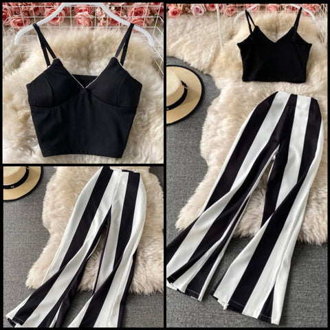 Women B&W Striped Sleeveless Crop Fashion Two Piece Pant Set