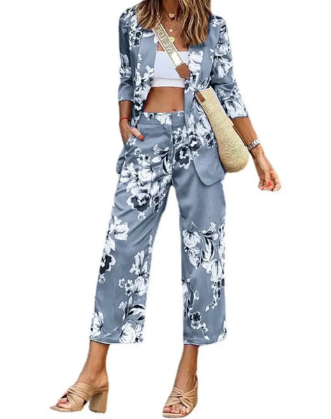 Women Fashion Floral Blazer Two Piece Pant Set