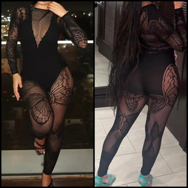 Women Black Full Sleeve Sexy Butterfly Mesh Jumpsuit