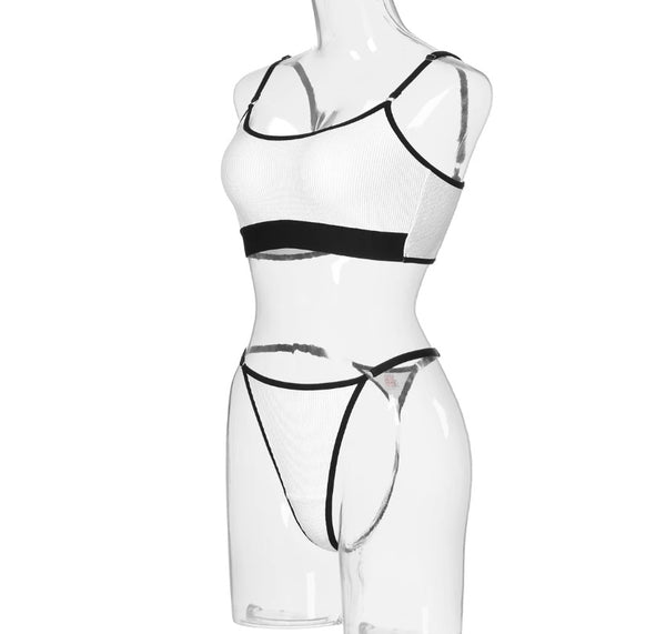 Women Sexy B&W Ribbed G-String Lingerie