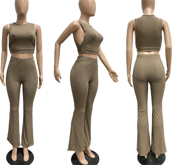Women Ribbed Sleeveless Solid Color Sexy Two Piece Pant Set