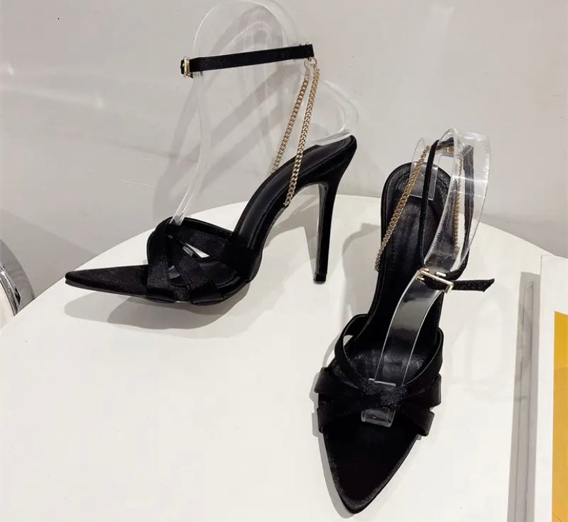 Women Pointed Toe High Heel Chain Ankle Strap Sandals