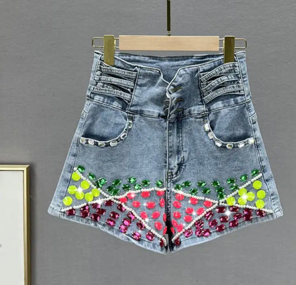 Women Fashion Neon Gem Patchwork Denim Shorts