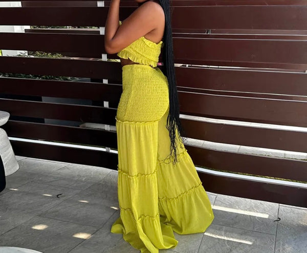 Women Strapless Ruffled Crop Two Piece Wide Leg Pant Set