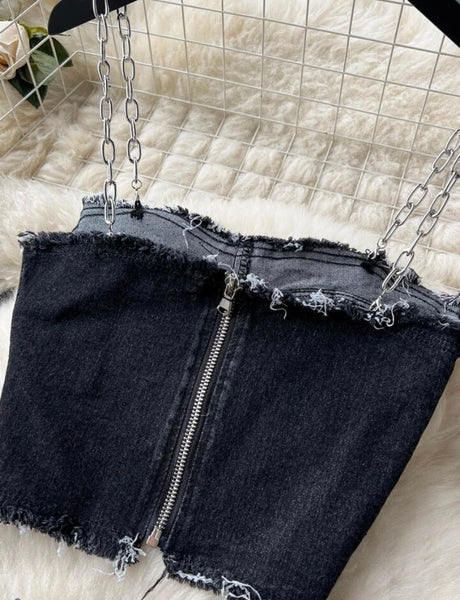 Women Chain Sleeveless Crop Fashion Two Piece Denim Skirt Set