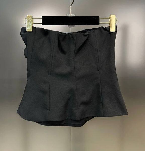 Women Fashion Black Rhinestone Bow Strapless Two Piece Short Set