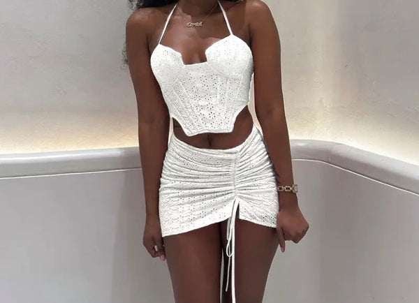 Women Sleeveless Crop Drawstring Two Piece Skirt Set