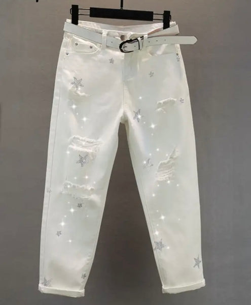 Women White Fashion Star Print Ripped Denim Pants