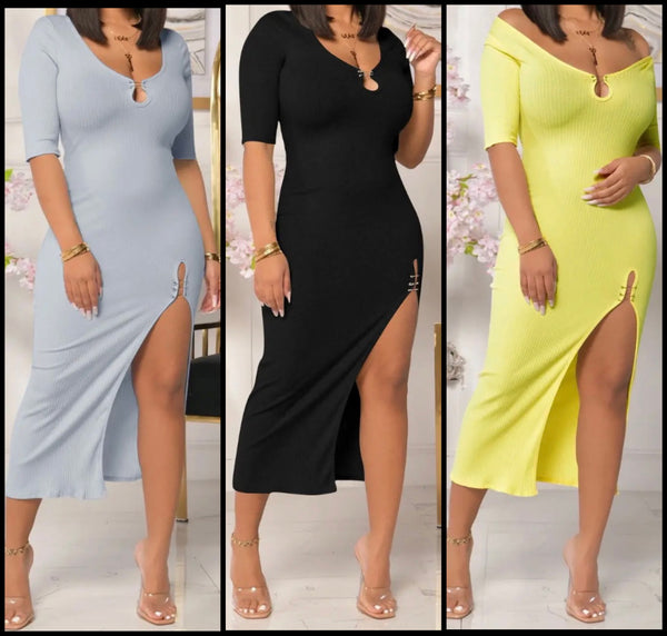 Women Ribbed Sexy Solid Color Side Slit Dress