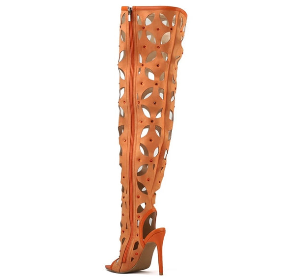 Women Open Toe Hollow Out Knee High Boots
