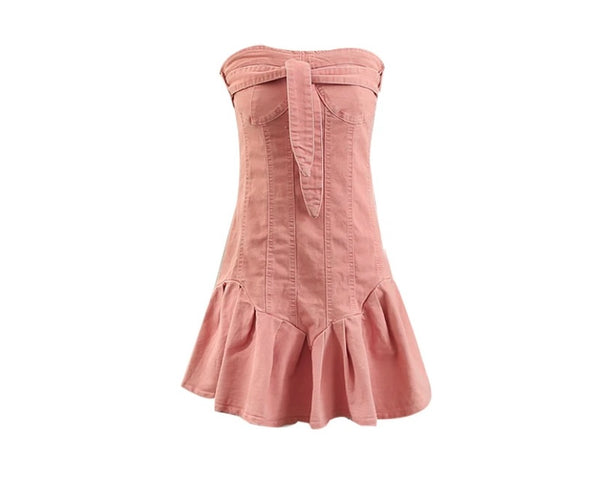 Women Sexy Strapless Ruffled Denim Dress