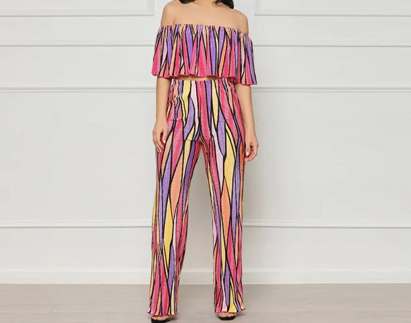 Women Colorful Ruffled Off The Shoulder Two Piece Pant Set