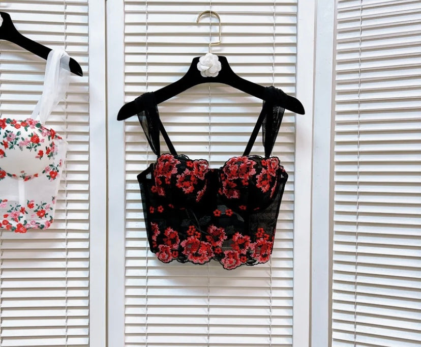 Women Sexy Mesh Floral Sleeveless Crop Top