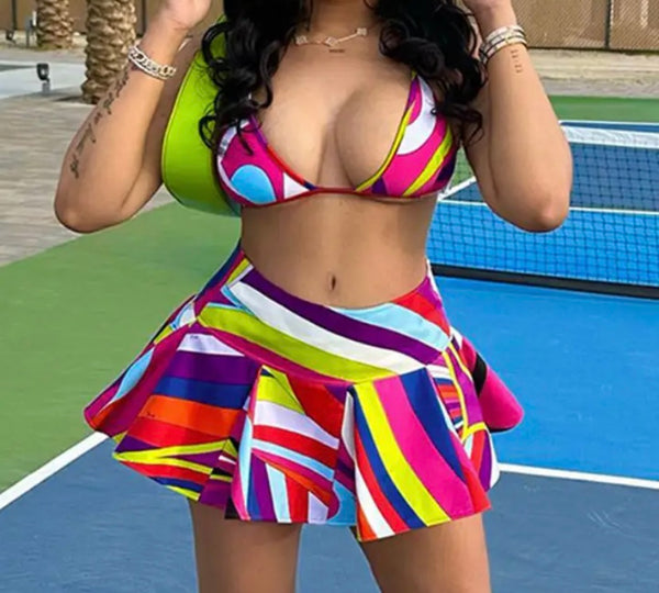 Women Sexy Multicolored Print Halter Two Piece Pleated Skirt Set