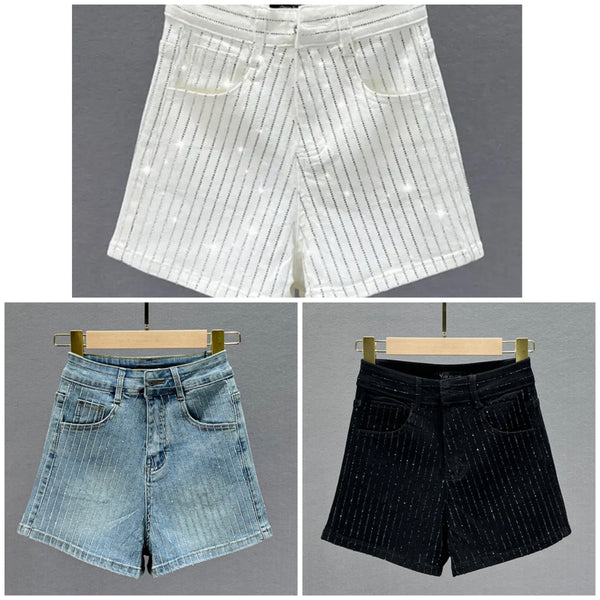 Women Fashion Denim Rhinestone Patchwork Shorts