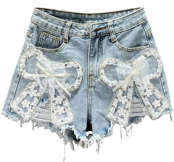 Women Mesh Bow Fashion Denim Shorts