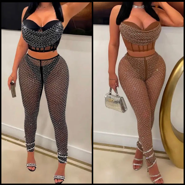 Women Sexy See Through Sleeveless Bling Two Piece Pant Set