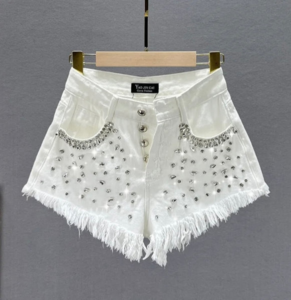 Women Fashion Fringe Rhinestone Patchwork Denim Shorts