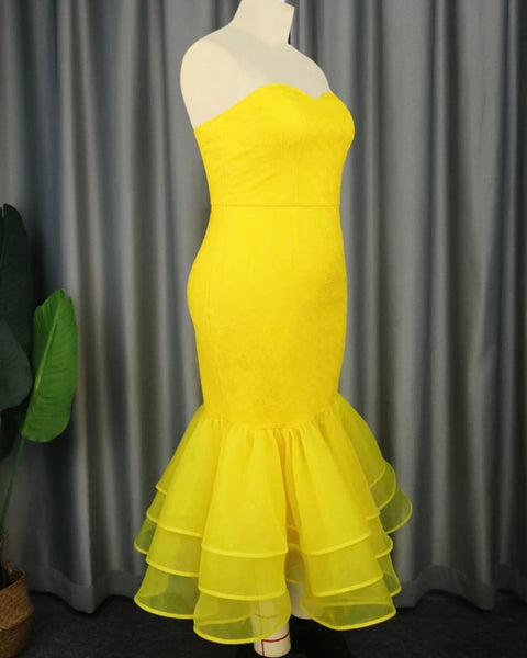 Women Sexy Yellow Lace Ruffled Mesh Dress