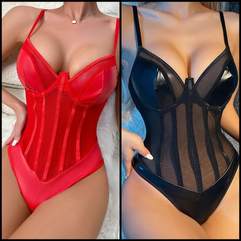 Women Sexy PU Mesh Sleeveless Bodysuit Lingerie