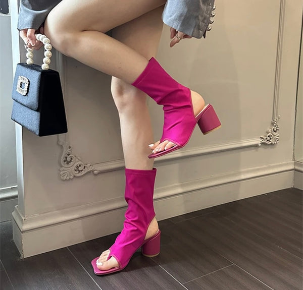 Women Open Toe Fashion Square Heel Ankle Boots