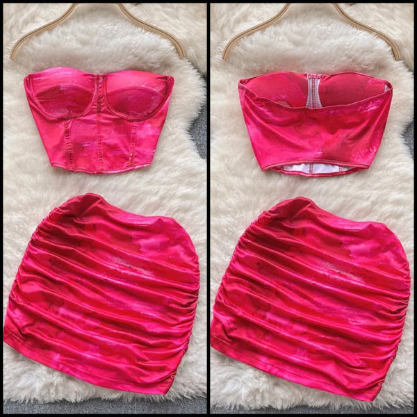 Women Pink Sexy Strapless Ruched Two Piece Skirt Set