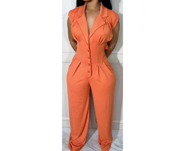 Women Button Up Pocket Sleeveless Fashion Jumpsuit