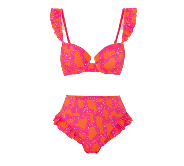 Women Fashion Pink Printed Ruffled Bikini Cover Up Set