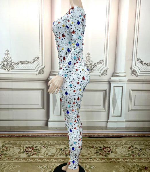 Women One Shoulder Bling Gem Fashion Jumpsuit